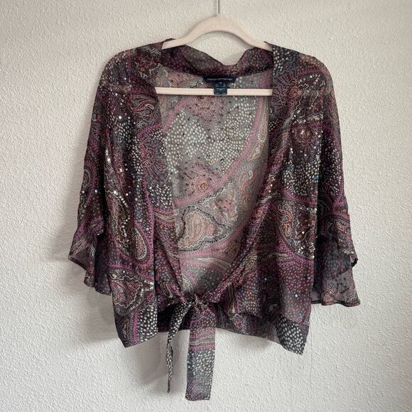 Y2K VTG Frech Connection 100% Silk Sequin Front Tie Blouse Festival Boho Sheer - Picture 1 of 11